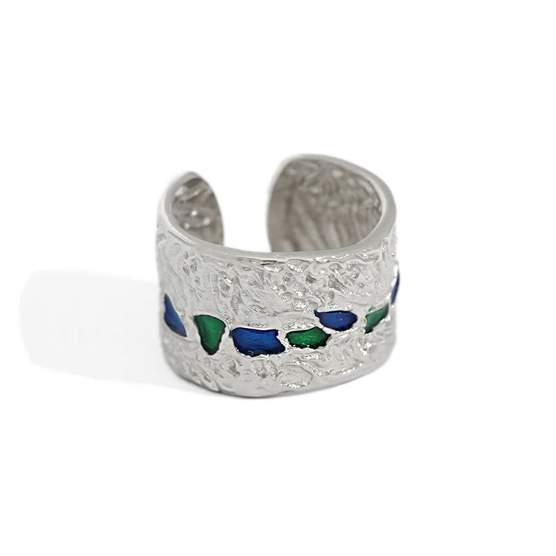 Fashion Irregular Wide Silver Rings  Antique 925 Sterling Silver Ring Exquisite Enamel Blue Opal Glaze Points