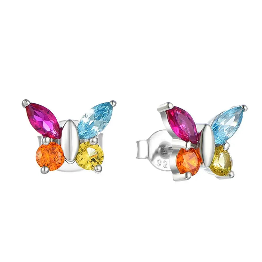 Factory Wholesale Colorful Zircon Stone Ear Studs Cute Diamond Crystals 925 Sterling Silver Gemstone Butterfly Earrings