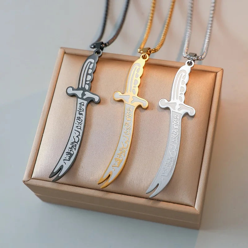 New Big Vintage Allah Pendant Scimitar Titanium Stainless Steel Islamic Jewelry Sword Charm Necklace for Men