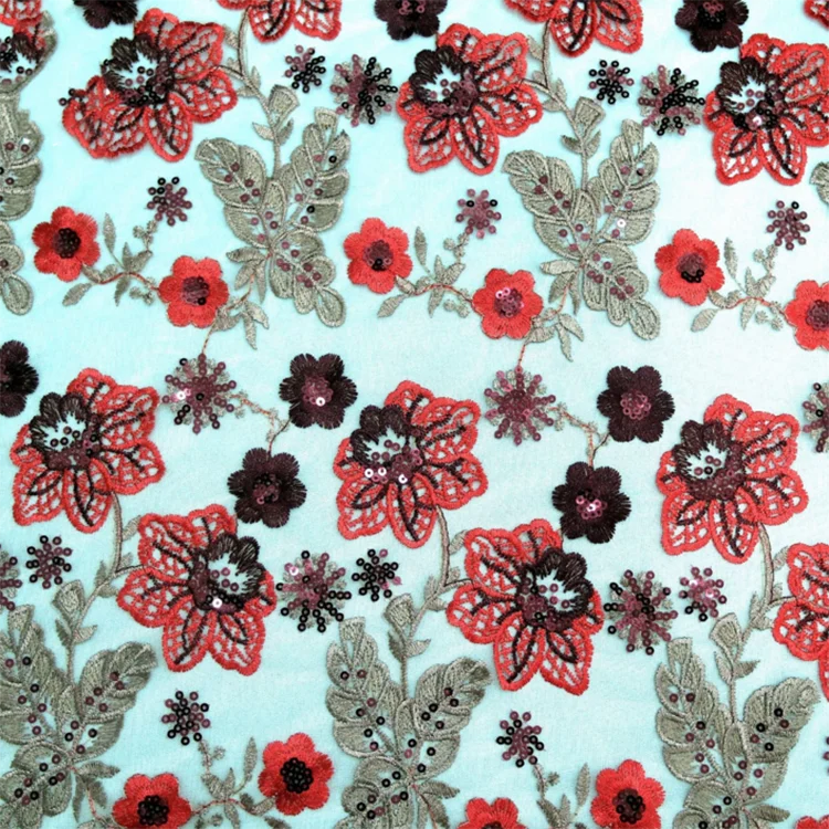 High-Grade French Vintage Red Safflower Polyester Lace Sequin Embroidery Fabric Eco-Friendly Mesh Promotional Product 1 Yard