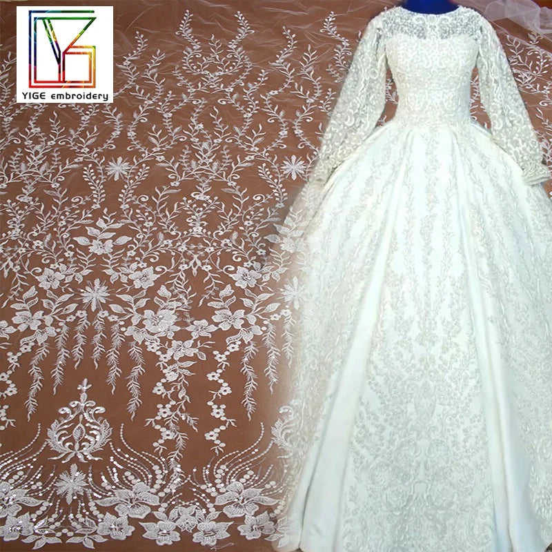 Hot Sale Luxury 100%poly Machine Heavy Beads Sequins Knitting Embroidered African Wedding Laces Bridal Fabric for Women
