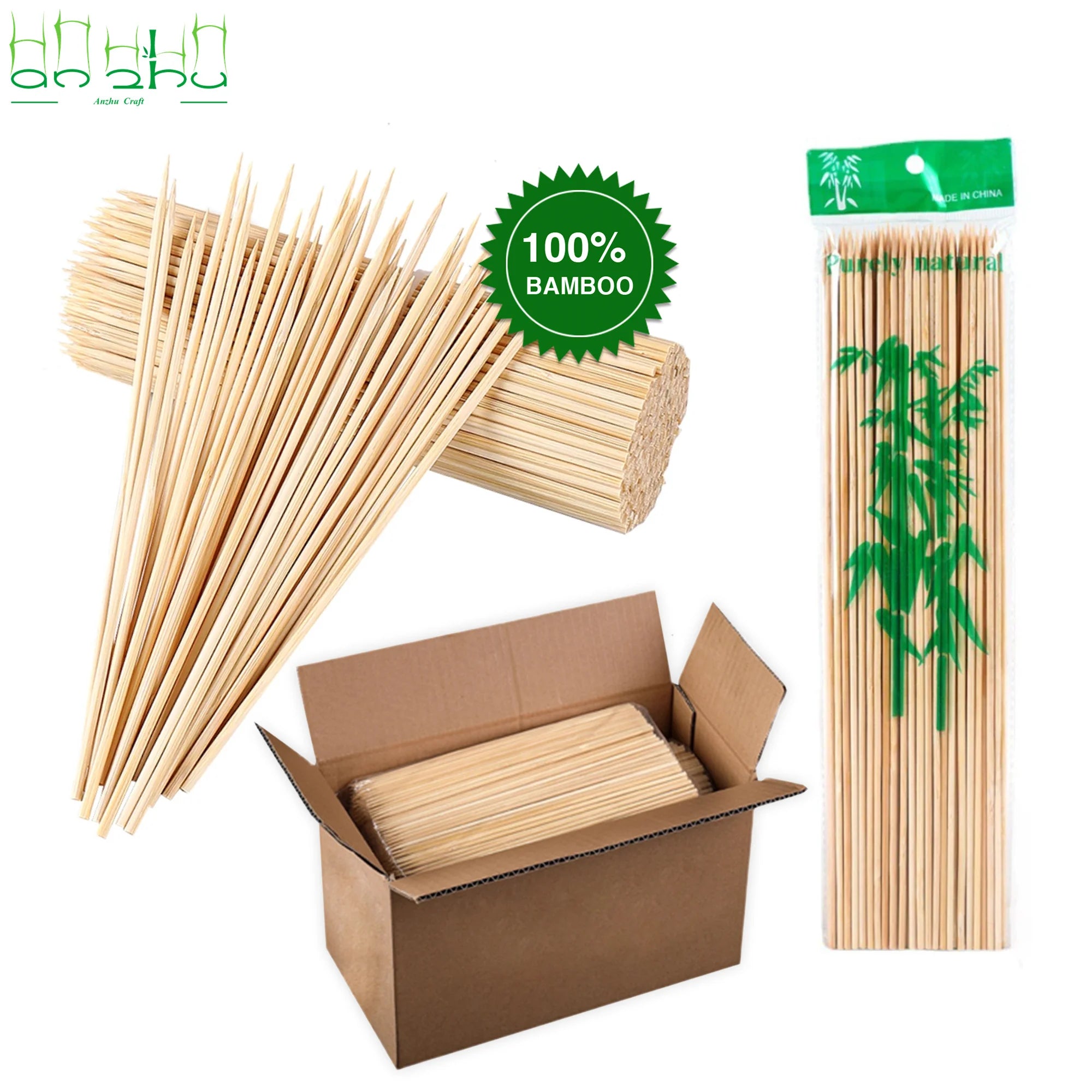 Food Grade 25cm 4mm Bamboo Skewers BBQ Tools Kit 12 Pieces Heat Resistant Non-Stick Long Handle Charcoal Eco-Friendly High