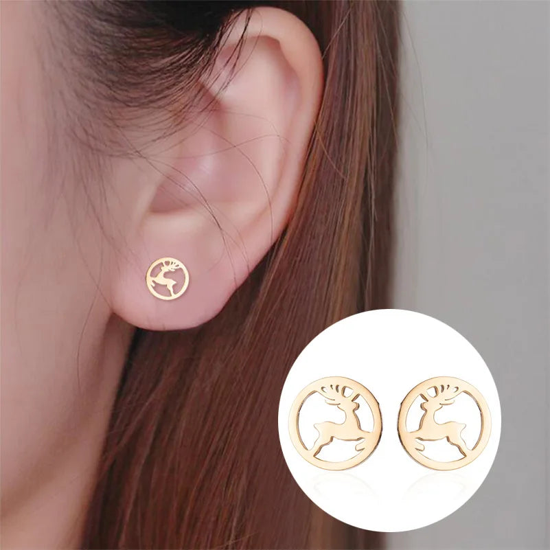 SC Wholesale Simple Christmas Stud Earrings Funny Stainless Steel Earrings Fashion Gold Silver Christmas Elk Earrings for Girls