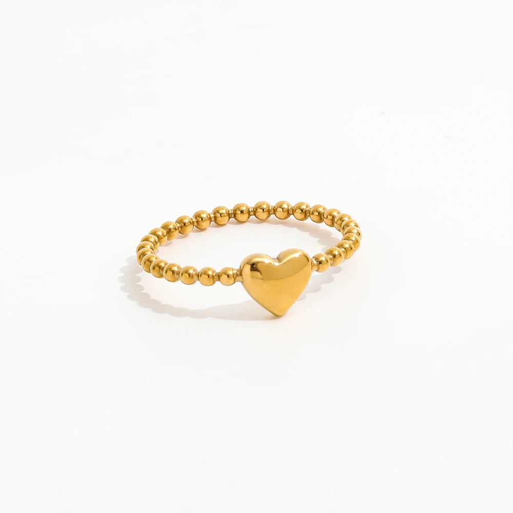 High End 18K Plain Gold Heart Bead Dainty Rings Stainless Steel Trendy Simple Gold Plated Jewelry
