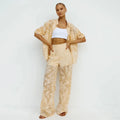 Enyami Spring Autumn Translucent Plant Printed Co-Ords Suit Lounge Wear Women Long Sleeve Shirts Trousers Straight Pants Sets