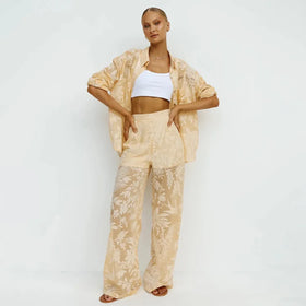 Enyami Spring Autumn Translucent Plant Printed Co-Ords Suit Lounge Wear Women Long Sleeve Shirts Trousers Straight Pants Sets