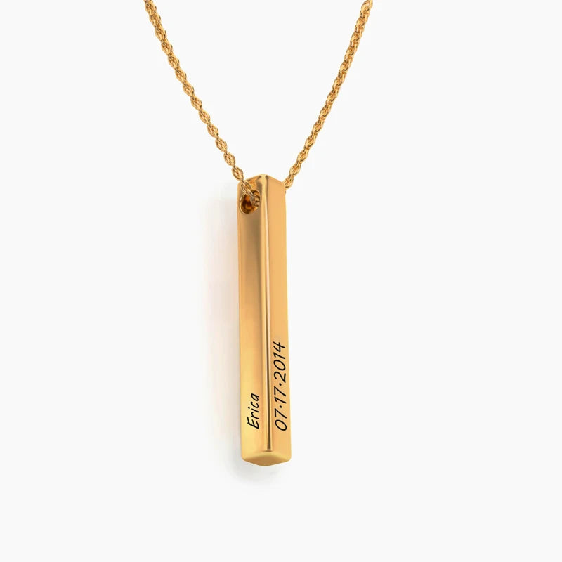 Engraving Personalized 3D Bar Necklace Name Bar Pendant Custom Gold Stainless Steel Dainty 4 Sided Vertical Bar Necklace