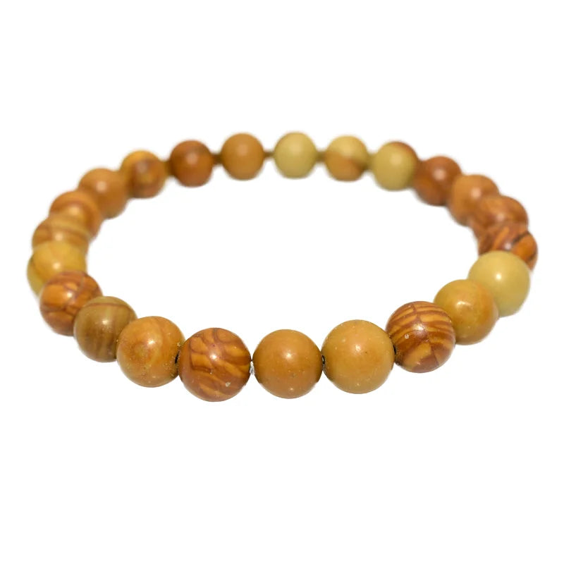 Vintage 4/6/8/10/12mm Yellow Fossilized Wood Beaded Bracelet Gift Wedding Party Anniversary Engagement Buddhism Religious