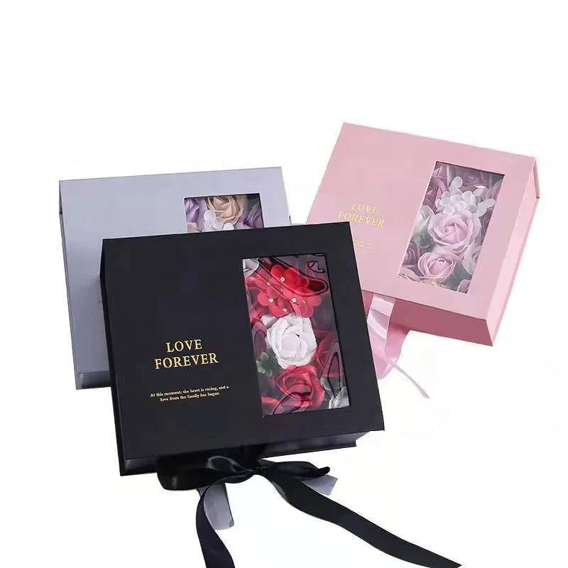 Low MOQ Custom Design Luxury Perfume Bottle Lipstick Box With Transparent Window Rose Flower Gift Box Wedding Packaging Boxes