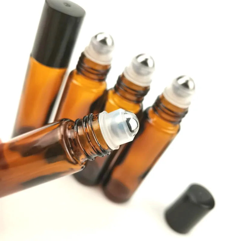 10ml Cosmetic Thick Amber Glass Roller Bottles With Stainless Steel Roller Ball Essential Oil Roll on Glass Bottles