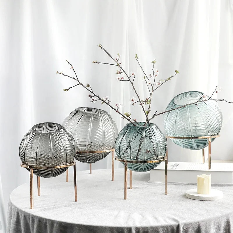 Drop Shipping Metal Frame Transparent Glass Vase High-end European Style Flower Hydroponic Flower Vase