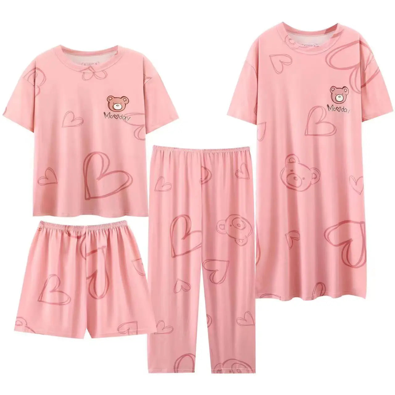 Four-piece Cute Printed Pajamas Set Short Sleeve Milk Cotton Women's Sleepwear