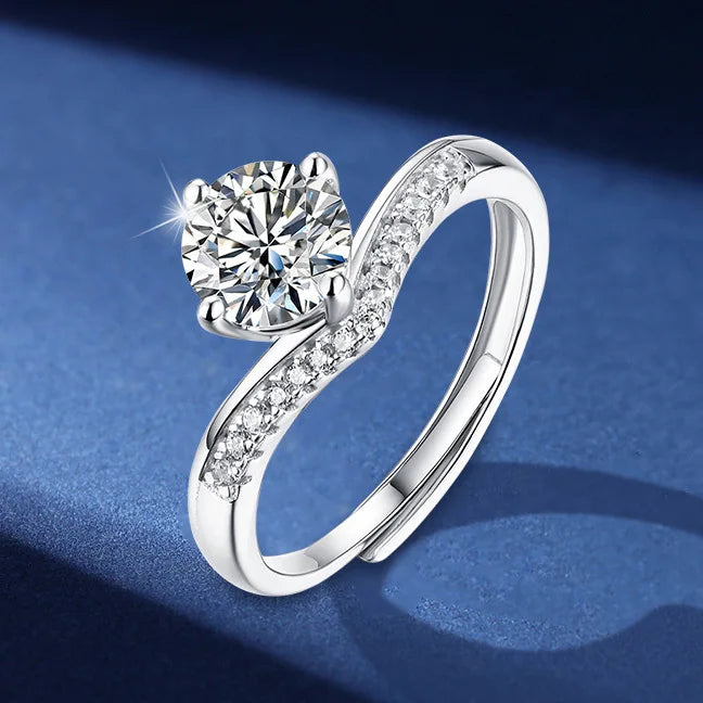 Round Cut CZ Moissanite Opening Rings Eternity Shiny Silver V Shaped Tiny Cubic Zircon Princess Crown Wedding Rings for Women