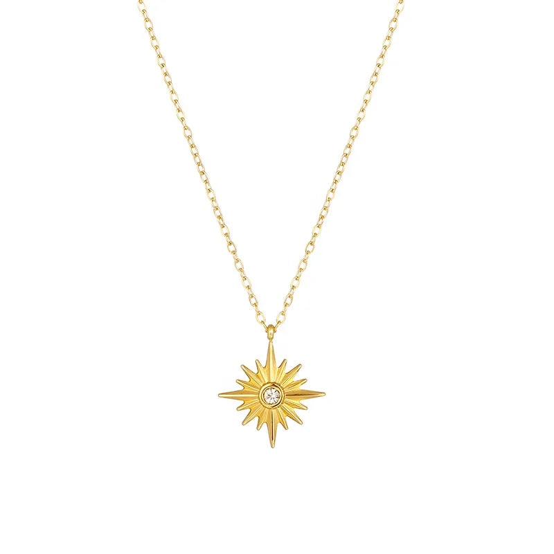 18K Gold Plated Stainless Steel Fashion Jewelry Single Diamond Zircon Stone North Star Pendant Necklace for Women