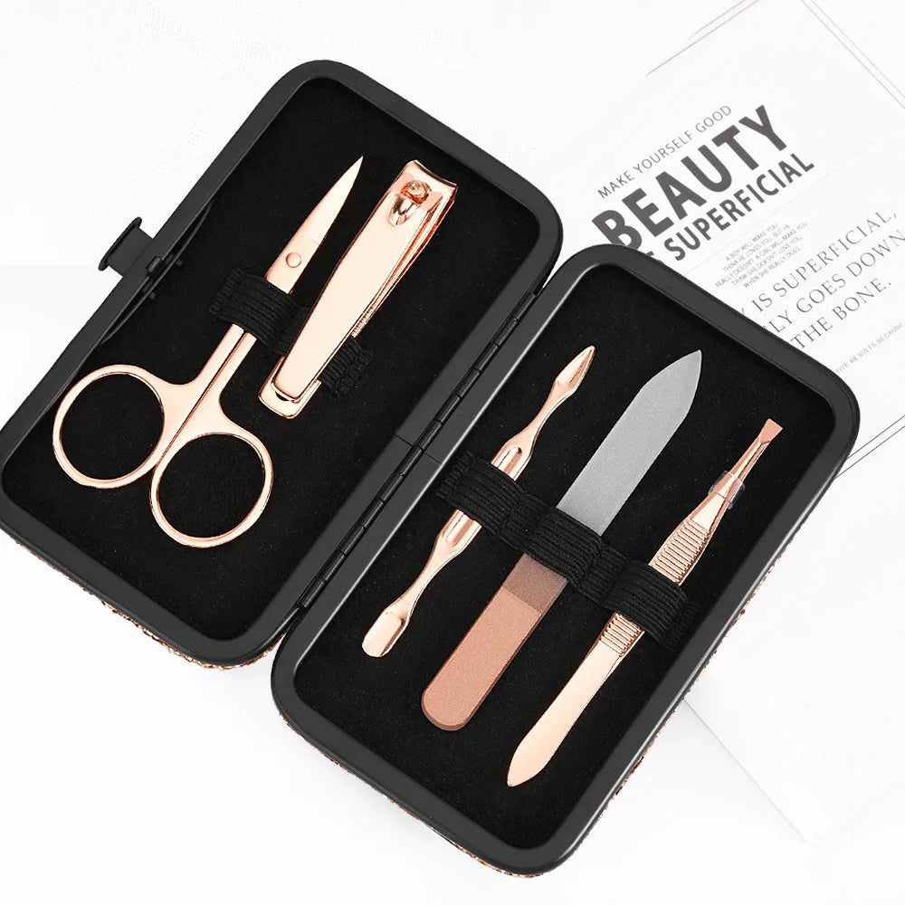 Luxury 5pcs High Professional Bling Rose Gold Stainless Steel Nail Scissors Nail Care Tools Manicure Pedicure Set