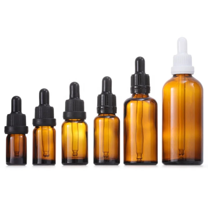 Wholesale 10ml 15ml 20ml 30ml 50ml 100ml Empty Amber Essential Oil Glass Dropper Bottle With Child-proof White Black Dropper