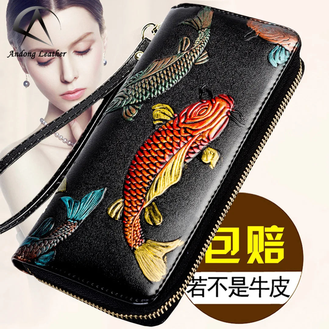 Andong Leather New Fashion RFID Long Wallet Purse for Women Genuine Cow Leather Elegant Clutch Bag Multi-Card Position Phone Bag