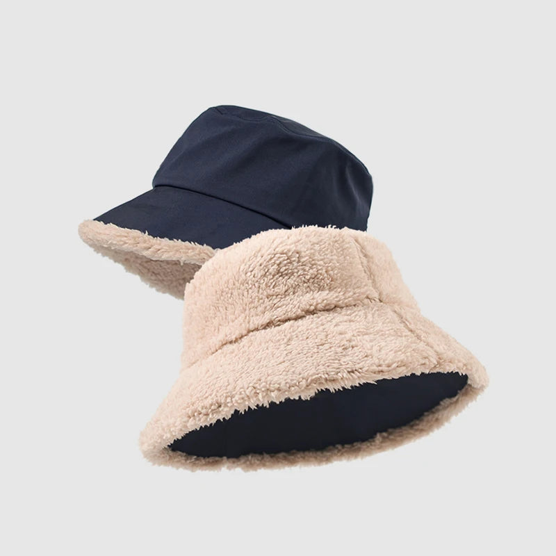 Factory Portable Wool Solid Color Thick Warm Winter Women Plain Fuzzy Bucket Cap Custom logo Stylish Furry Reversible Bucket Hat