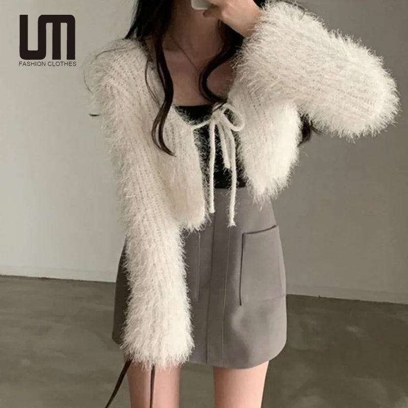 Liu Ming Hot Products Elegant Women Casual Crop Knitted Cardigan Long Sleeve Lace up Chic Y2k Sweater