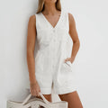 Enyami Women 2 Pieces Elegant V-Neck Slim Tops Fashion Cotton Wide Leg Shorts Suits Vacation Summer White Shorts Jumpsuit