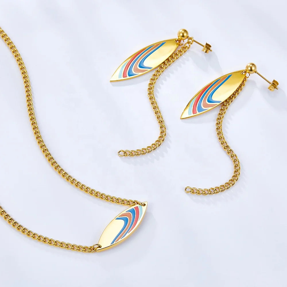 Women New Design Leaf-Shaped Mixed-Color Ribbon Stainless Steel Jewelry Set Gift