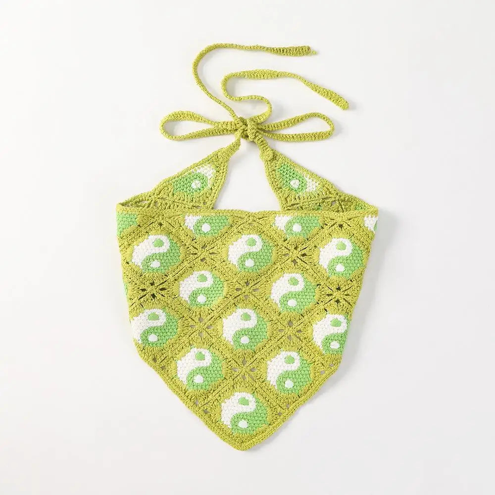 Green Triangle Crochet Head Bandana Knitted Yingyang Pattern for Outdoor Scenes