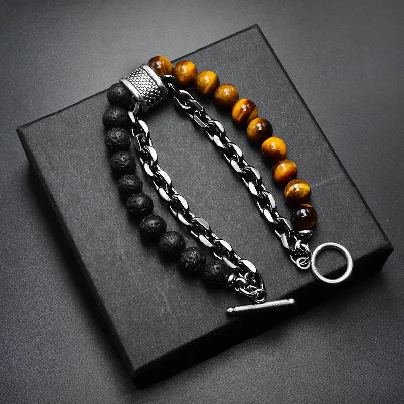 8mm Tiger Eye Stone Bracelet for Men Women Double Layered Stainless Steel Chain Natural Healing Stone Beaded Bracelet Wholesale