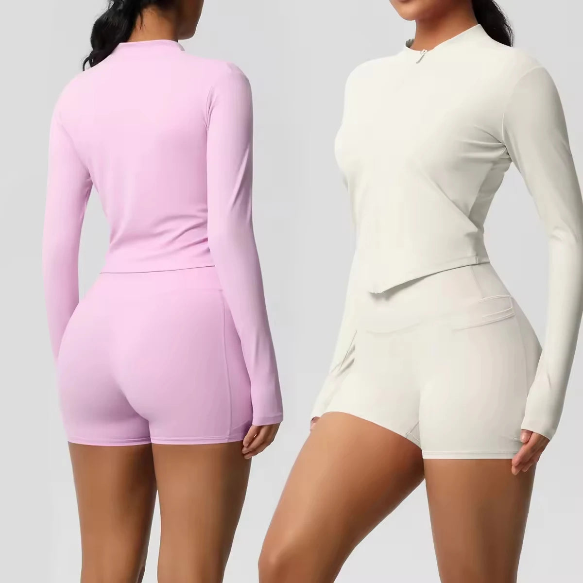 New Design Two Piece Outdoor Sports Zipper Long Sleeve and Pocket Gym Shorts Yoga Set for Women
