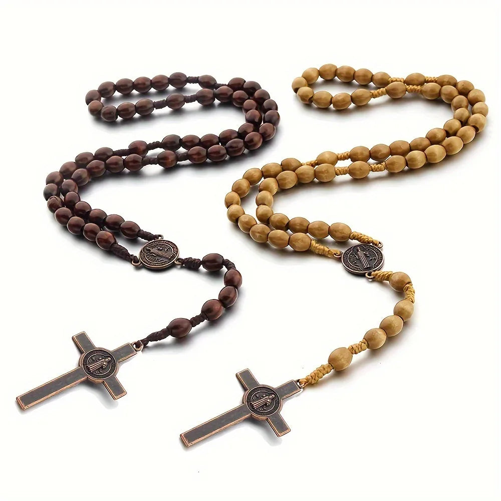 Rosary Necklace Cross Catholic Weaving Dark Brown  Beads Wooden Cross Necklace Christ Prayer Beads Jewelry | Beads Size 8*10mm