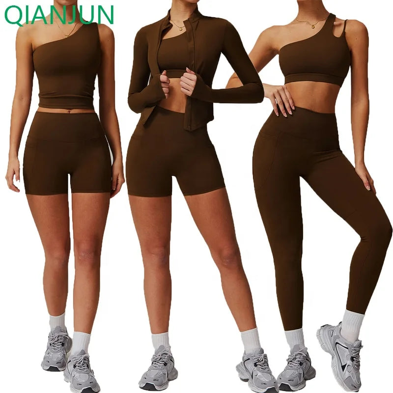Hot Sale 5 Piece Women Yoga Set One Shoulder Sports Bra Butt Lift Gym Pants Fitness Active Running Workout Suit