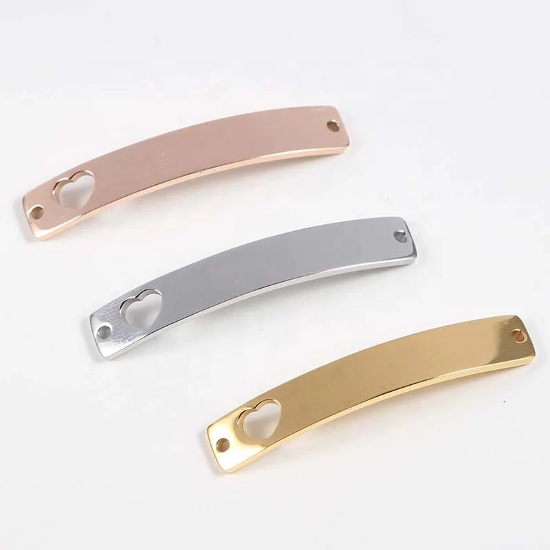 Mirror Polish Stainless Steel 6*38mm Engrave Logo Pendant Hollow Heart Bending Strip Charms