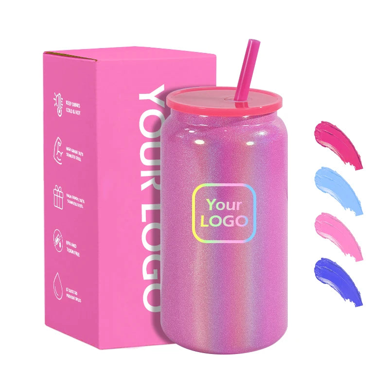 16oz Stainless Steel Double Wall Shimmer Tumbler with Sublimation Glitter Finish Party Use Hot/Cold Insulation Lid and Straw