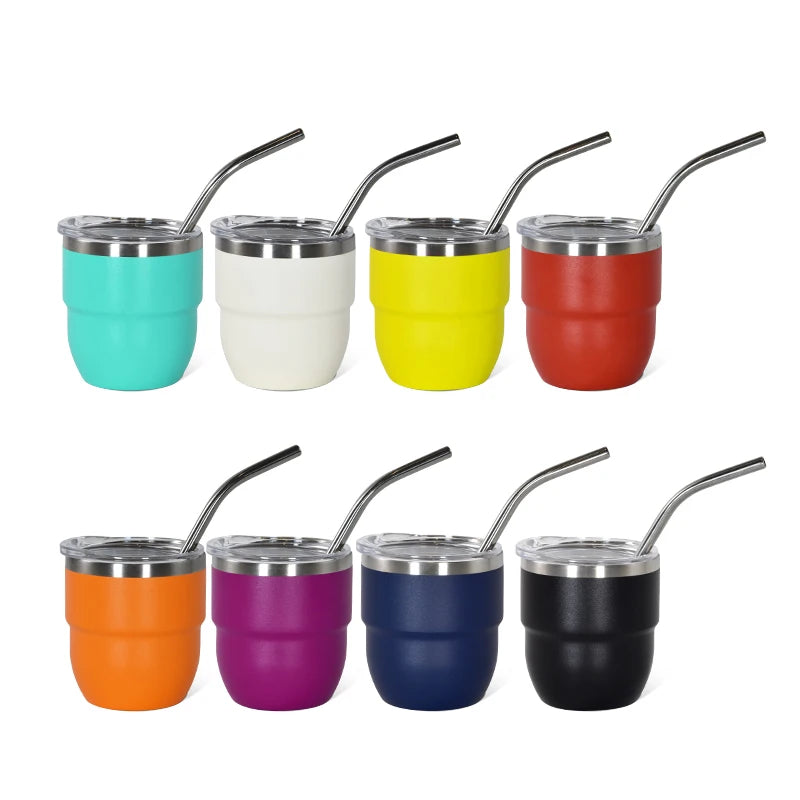 Hot Selling Customized 4oz Double Wall Stainless Steel Coffee Mugs Sets Powder Coated Tumblers With Metal Straw