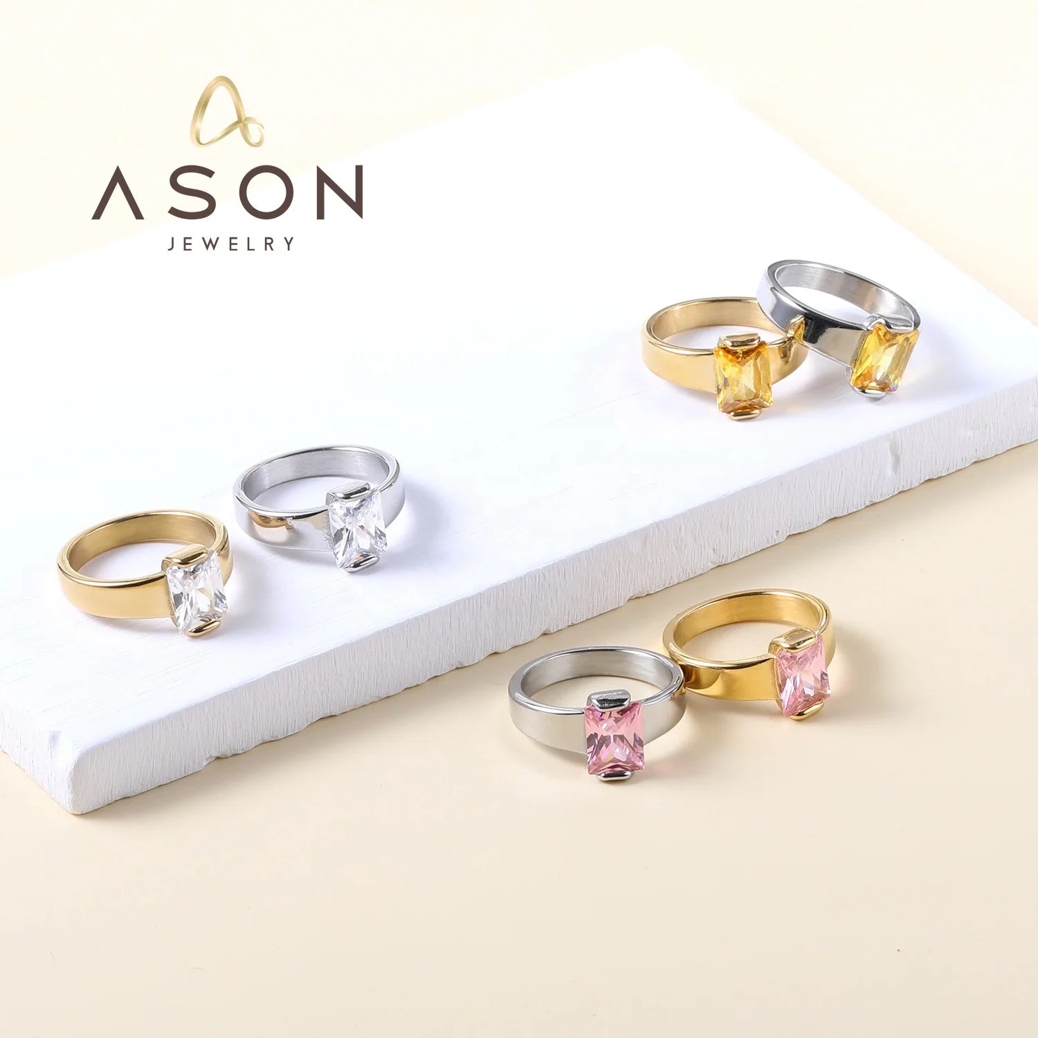 Ason Fashion Wholesale Color Zircon Dainty Rings Stainless Steel 18k Gold Plated Jewelry Wedding Rings with Stones for Women