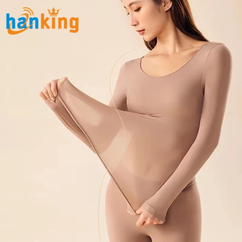 Ehanking Women's Seamless Thermal Underwear Sets Ladies Long Sleeve Slim Ultra-thin Non-marking Invisible Heat Underwear Suits