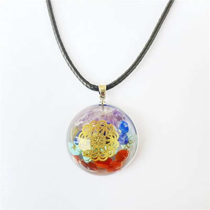 Wholesale Organite Colorful Gemstones Orgonite Chakra Healing Pendant Flower of Life Metal Orgone Energy Crystal Clasp Necklaces