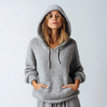 Women's Casual Thin Mohair Hoodie Soft Fuzzy Knit Pullover Front Logo Breathable Sweater for Autumn Trendy Top for Spring Season