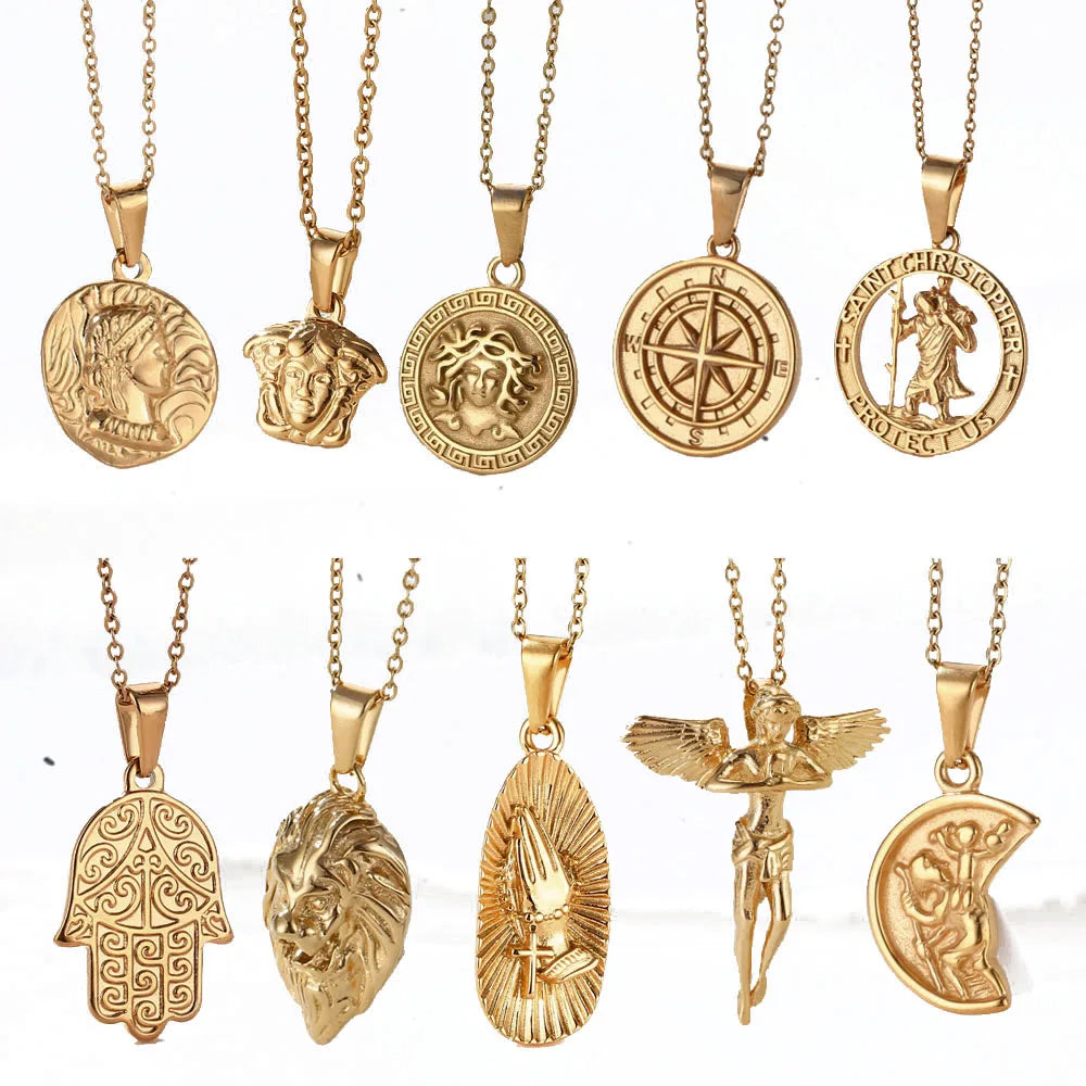 UK Hot Women Compass Jewelry Fashion Necklaces Stainless Steel Gold Animal Lion Head Necklace Greek Mythology Medusa Pendant