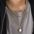 Gemstone Natural Stone Cuban Chain Pendant Necklace Fashion Jewelry Sets 18k Gold Plating Stainless Steel White Shell Necklace