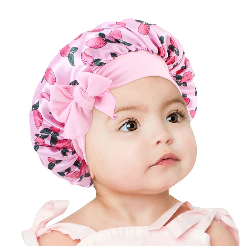 Hot Cute Kids Gifts Adjustable Children Outdoor Traveling Pattern Satin Bonnet With Elastic Band Tie