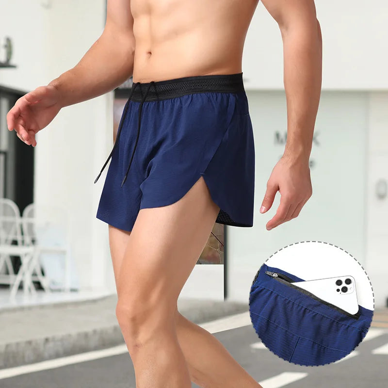 OEM Custom Men's 2-in-1 Quick Dry Split Running Shorts with Liner Zipper Pocket Lightweight Breathable Fitness Marathon Bottoms