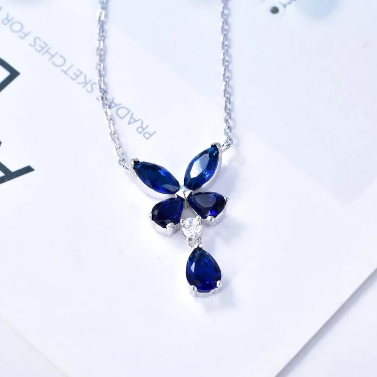 Women Fashion Jewelry Rhodium Plated 925 Sterling Silver Necklaces Natural Sapphire Butterfly Crystal Necklace