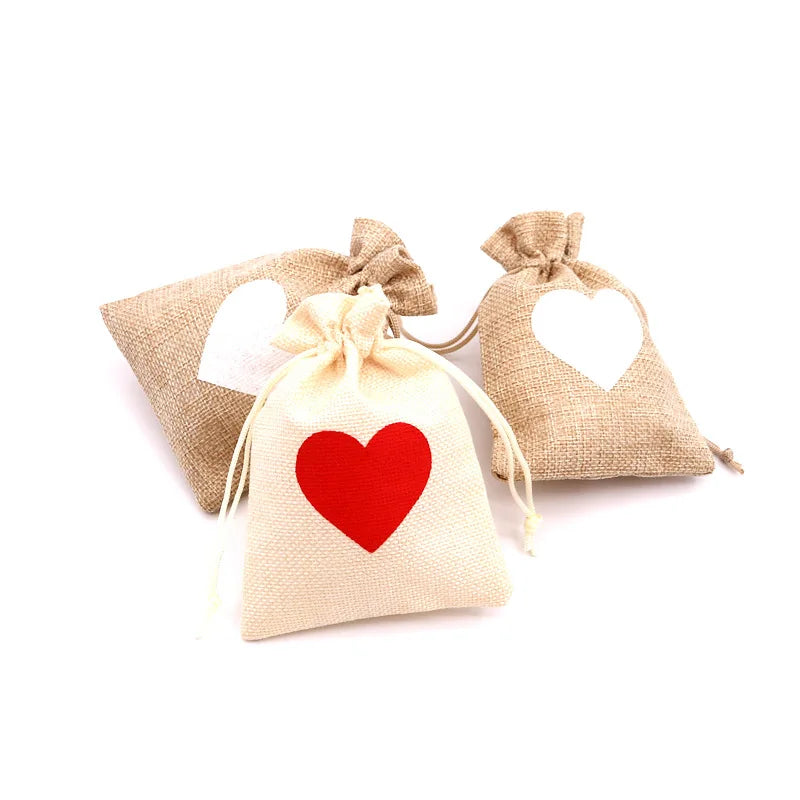 Hot Sale 10*14cm Heart-Shaped Linen Bags Western-style Wedding Candy Packaging Drawstring Gift Bags Christmas Bags