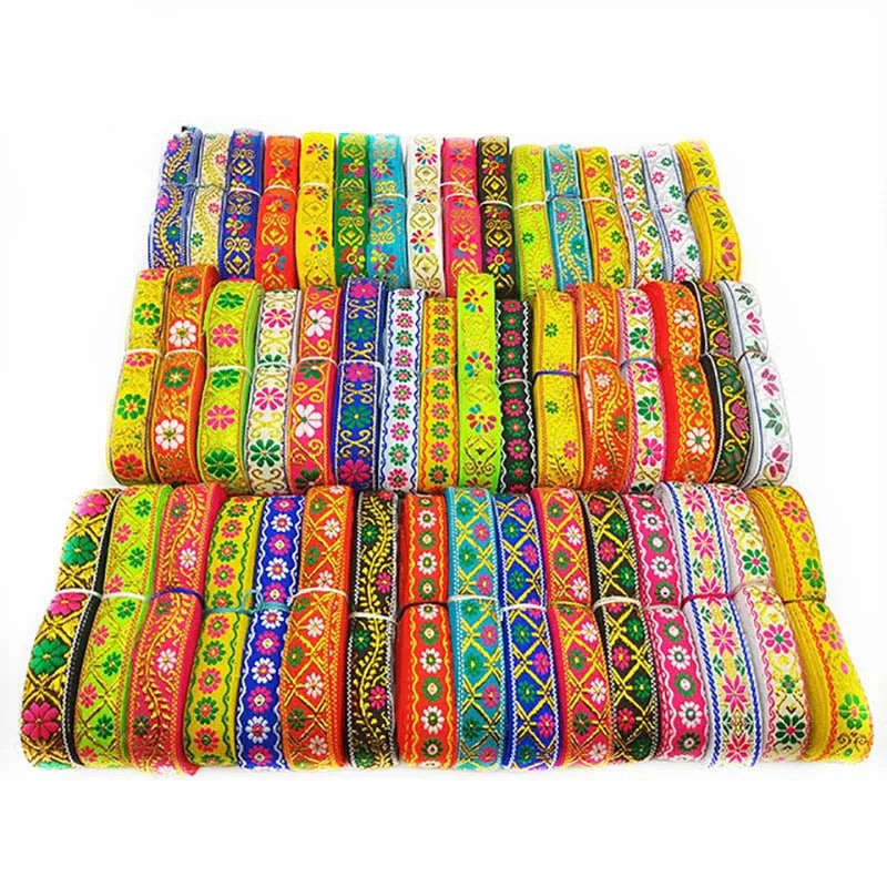 2cm Diy Garment Sewing Material Flower Jacquard Webbing Ribbon Gold Thread Sew on Dress Bags Decorative Ethnic Fabric Lace Trim