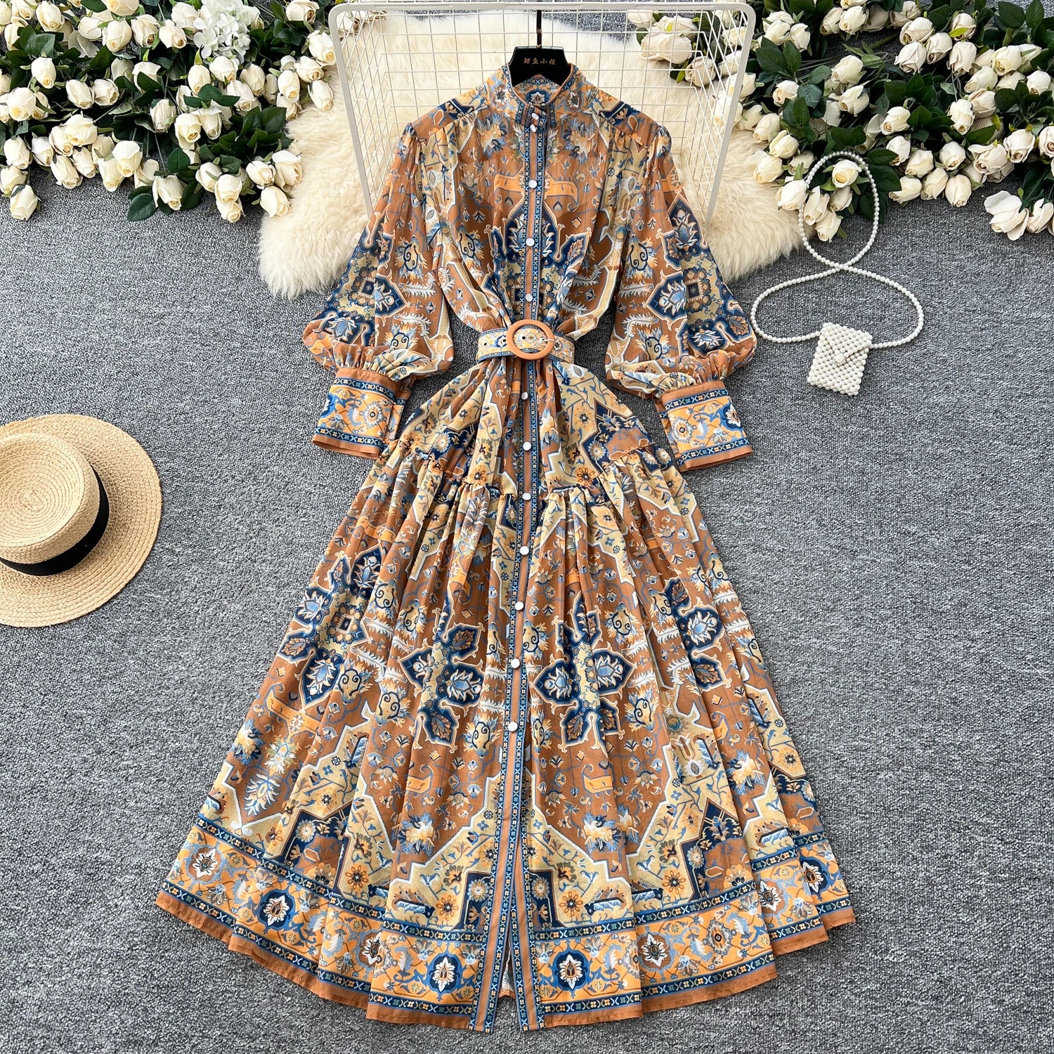 LW0692 2025 Spring Vintage Elegant Print Dress Female Lantern Sleeve Long Skirt Vintage Dress Elegant Women'S Dresses