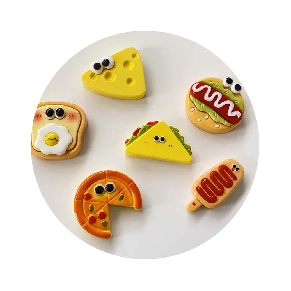 100Pcs Cartoon Eyes Cheese Bread Pizza Hamburg Resin Charms Simulation Food Craft DIY Key Chain Jewelry Making Slime Charms