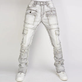 DENIM Men Cargo Skinny Stone Washing Machine Light Blue Jeans Material Blank Wholesale Vintage Jeans Men
