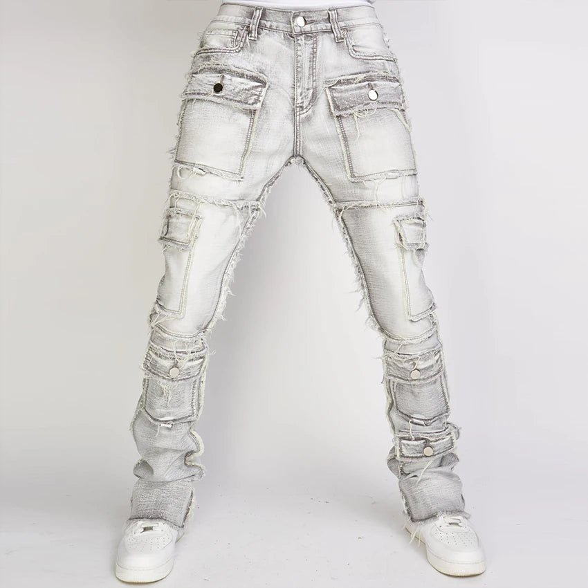 DENIM Men Cargo Skinny Stone Washing Machine Light Blue Jeans Material Blank Wholesale Vintage Jeans Men