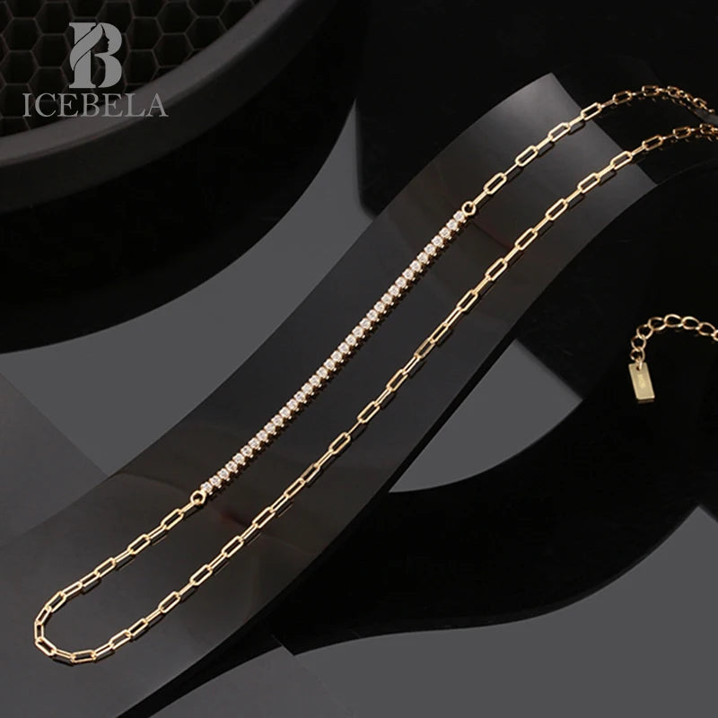 ICEBELA Chain Necklace for Women 14K Gold Plated 925 Sterling Silver 2mm White Cubic Zirconia Chain Necklace for Women