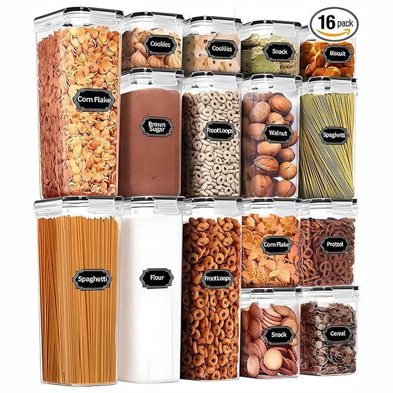 16pcs Set BPA Free Airtight Plastic Stackable Kitchen Organizer Cereal Dry Food Storage Bin Box Container